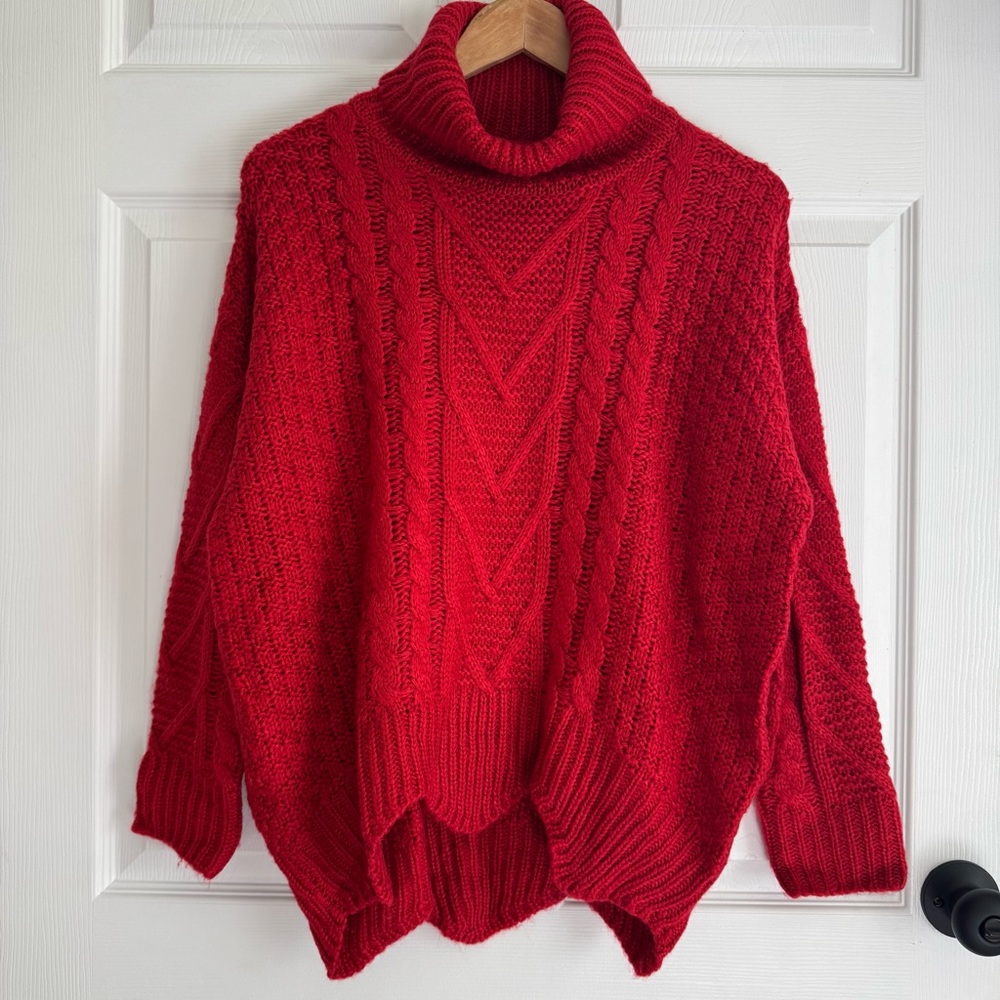 Pink Lily Red Cable Knit Chunky Turtleneck Sweater Women’s Size Small